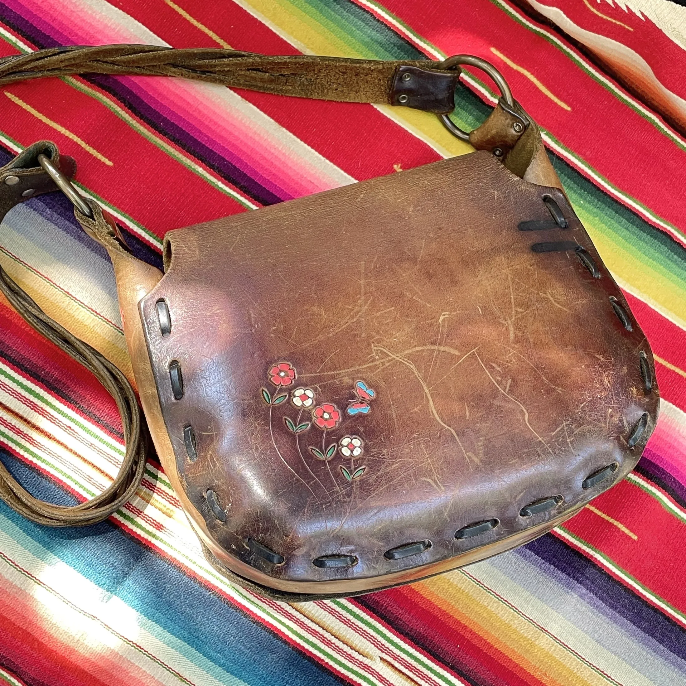 SOLD 60s/70s Tooled/Painted Flower/Butterfly Bag Inscribed Heather, Hippie Shoulder Bag