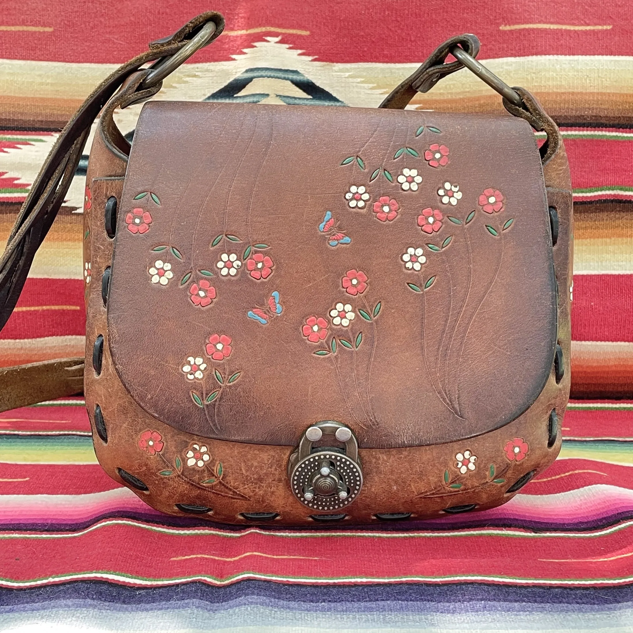 SOLD 60s/70s Tooled/Painted Flower/Butterfly Bag Inscribed Heather, Hippie Shoulder Bag