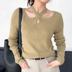 Solid Slimming Knitting Sweaters For Women Halter Long Sleeve Hollow Out Pullover Sweater Female Fashion Clothes