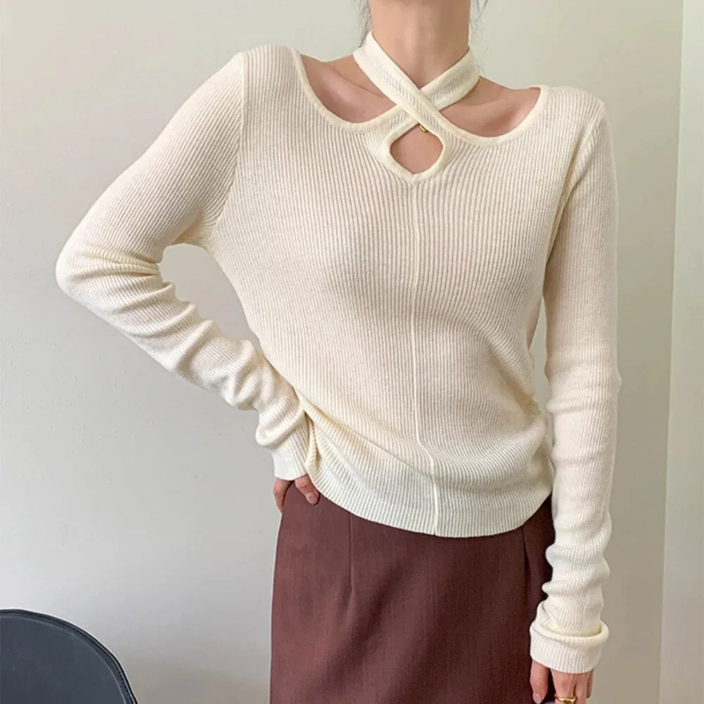 Solid Slimming Knitting Sweaters For Women Halter Long Sleeve Hollow Out Pullover Sweater Female Fashion Clothes