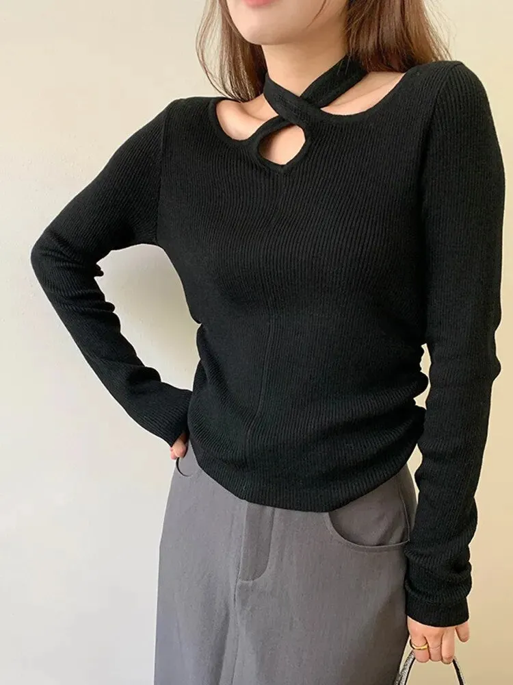 Solid Slimming Knitting Sweaters For Women Halter Long Sleeve Hollow Out Pullover Sweater Female Fashion Clothes