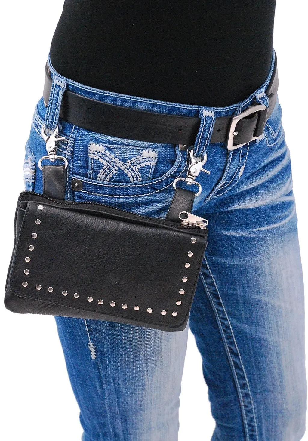 Stud Trim Black Leather Hip Clip Bag With Removable Strap #PKK2151RK