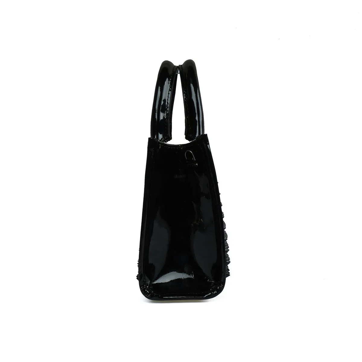 Studded Mini Size Hand Bag in Black Leather