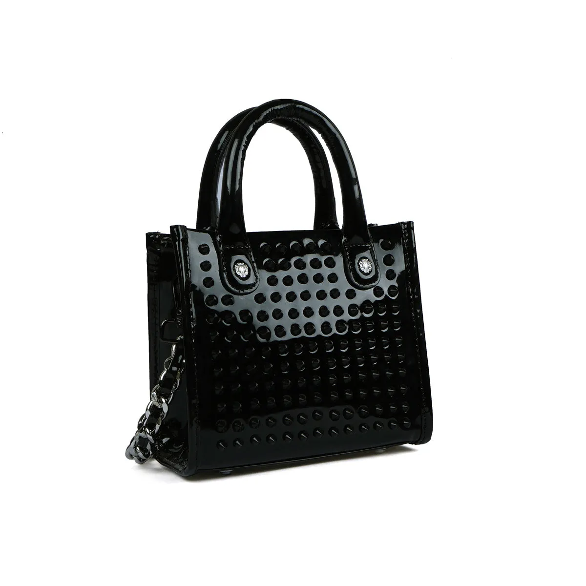 Studded Mini Size Hand Bag in Black Leather