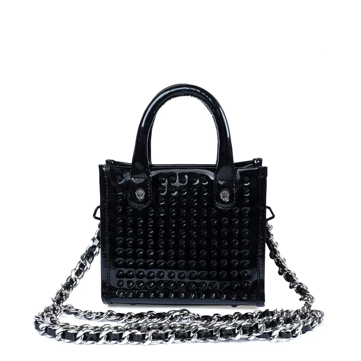 Studded Mini Size Hand Bag in Black Leather