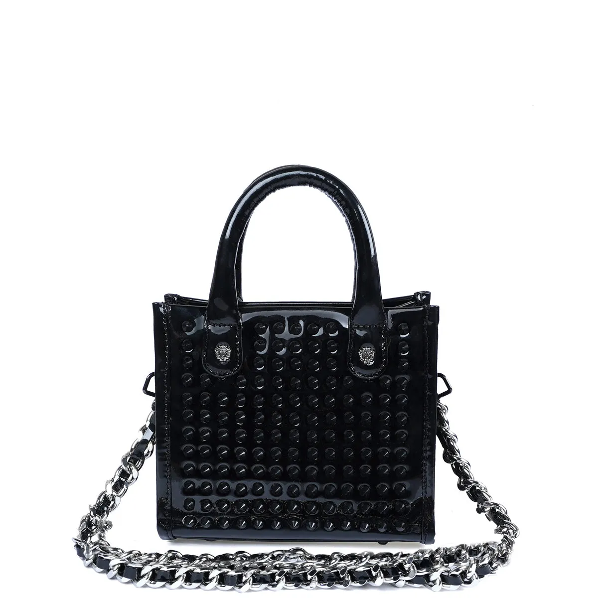 Studded Mini Size Hand Bag in Black Leather