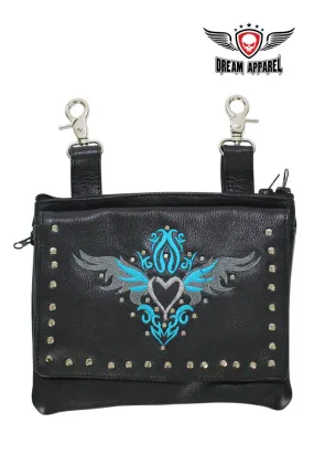 Studded Naked Cowhide Leather Belt Bag with Torquoise/Gray Heart