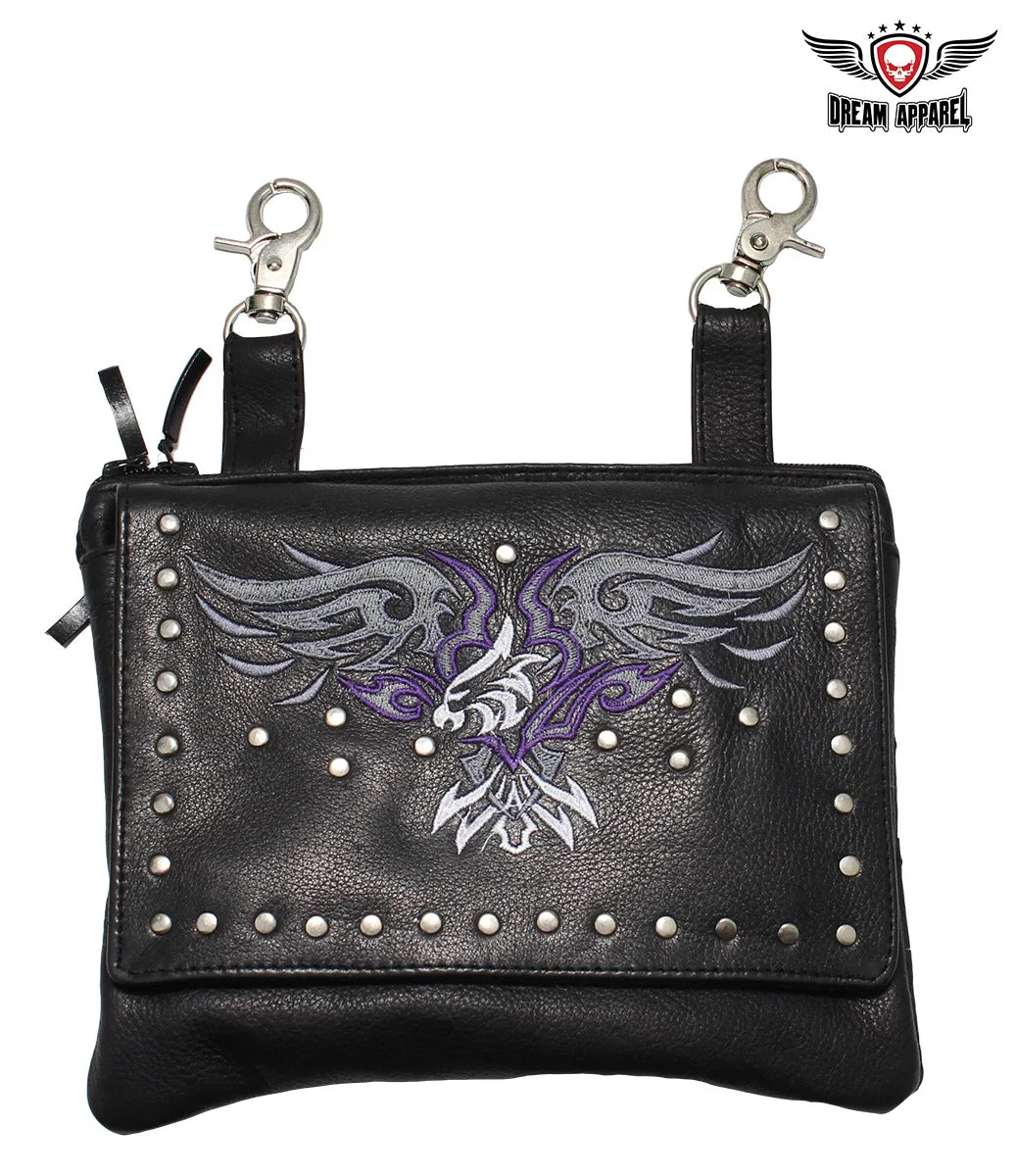 Studded Naked Cowhide Leather Gun Holster Belt Bag with Purple & Silver Eagle