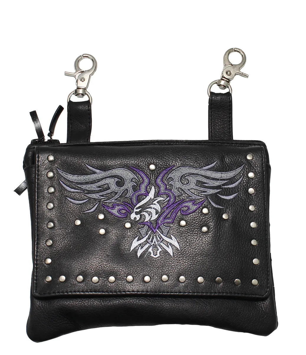 Studded Naked Cowhide Leather Gun Holster Belt Bag with Purple & Silver Eagle