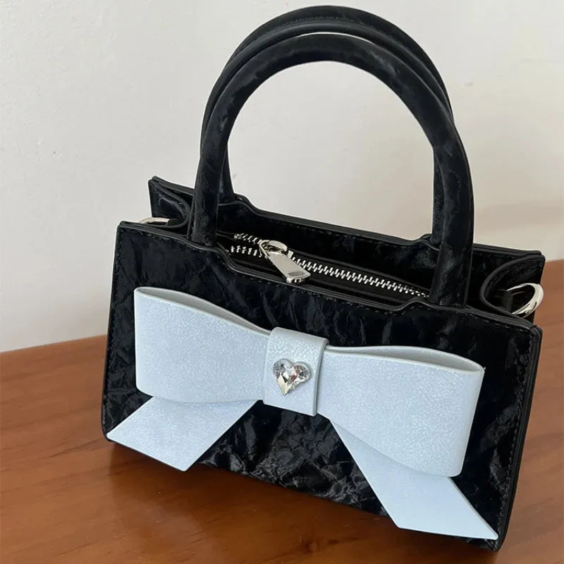 TAVIMART  -  Casual Korean Style Handbag Bow Applique Pu Leather Solid Color Simple Shoulder Bag New Sweet Cute Designers Crossbody Bag