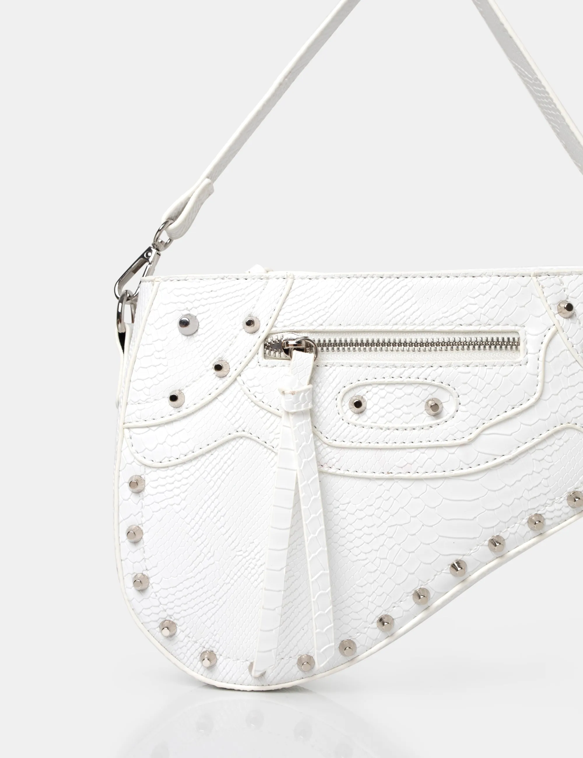 The Fox White Croc Studded Saddle Shoulder Bag