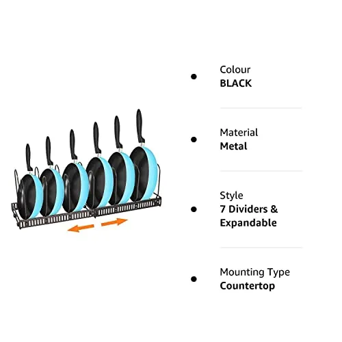 Tisany Pot and Pan Organizers Rack For Cabinet, Pan Organizer Rack Holder for Cabinet Kitchen, Pan Pot Lid Organizer Rack with Adjustable Dividers (7 Dividers & Expandable, metal, Black, Tiered Shelf)