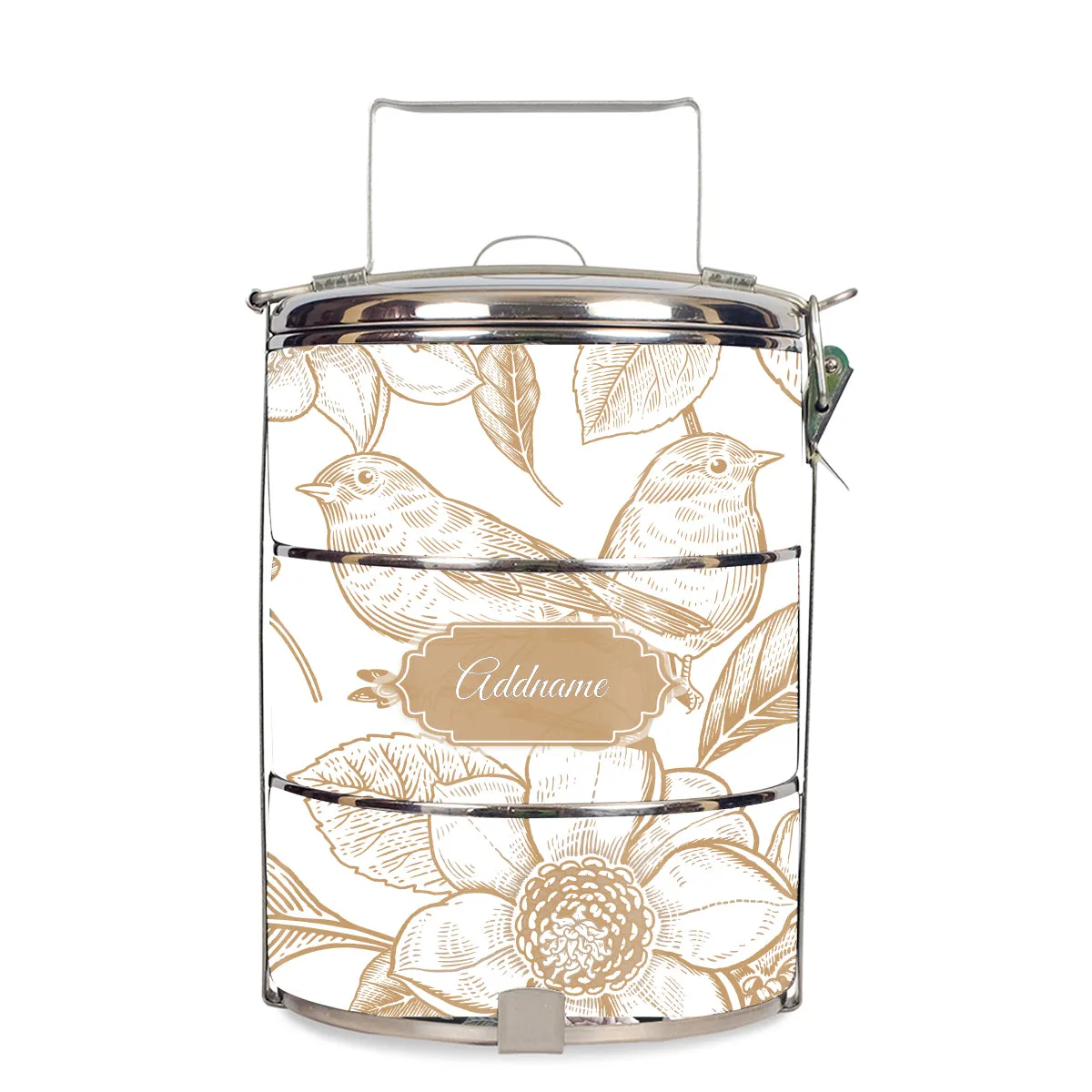 Vintage Birds Artline Series 3-Tier Standard Medium 14cm Tiffin Carrier [FREE Custom Add Name]