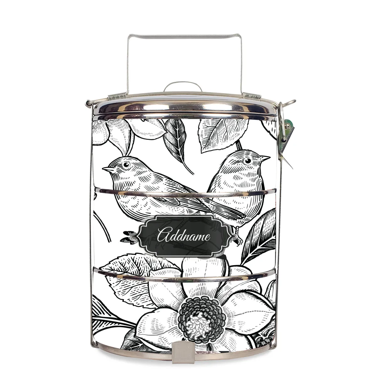 Vintage Birds Artline Series 3-Tier Standard Medium 14cm Tiffin Carrier [FREE Custom Add Name]