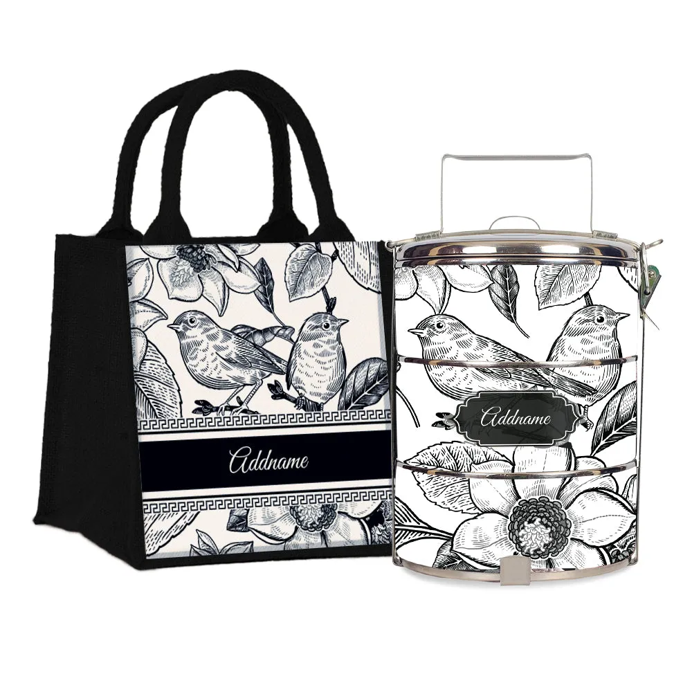 Vintage Birds Artline Series 3-Tier Standard Medium 14cm Tiffin Carrier [FREE Custom Add Name]