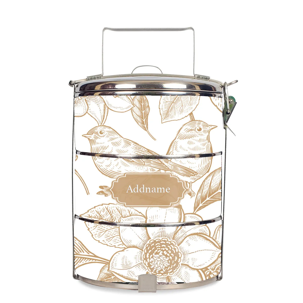 Vintage Birds Artline Series 3-Tier Standard Medium 14cm Tiffin Carrier [FREE Custom Add Name]