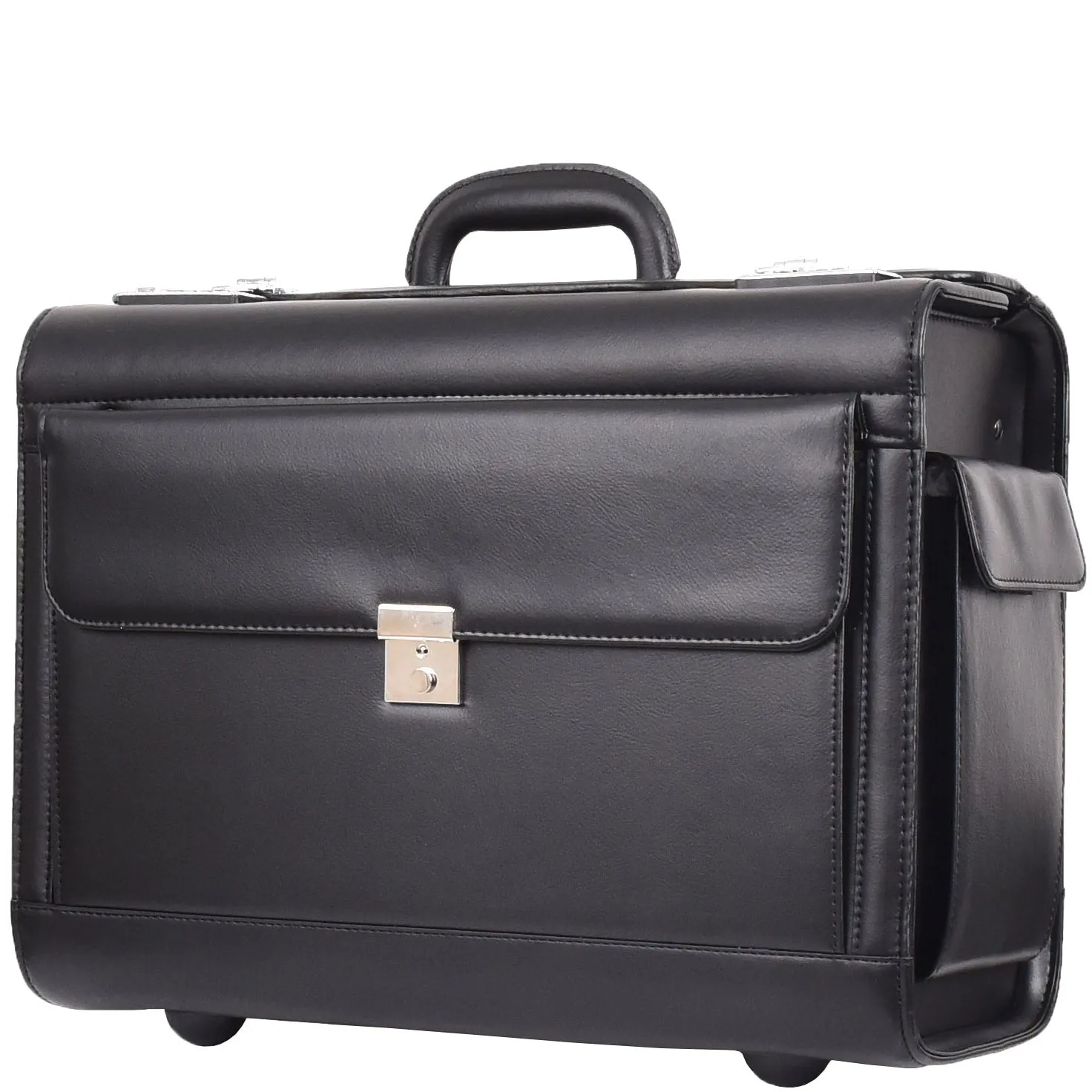 Wheeled Faux Leather Pilot Case Flight Carry on Cabin Bag HOL691 Black