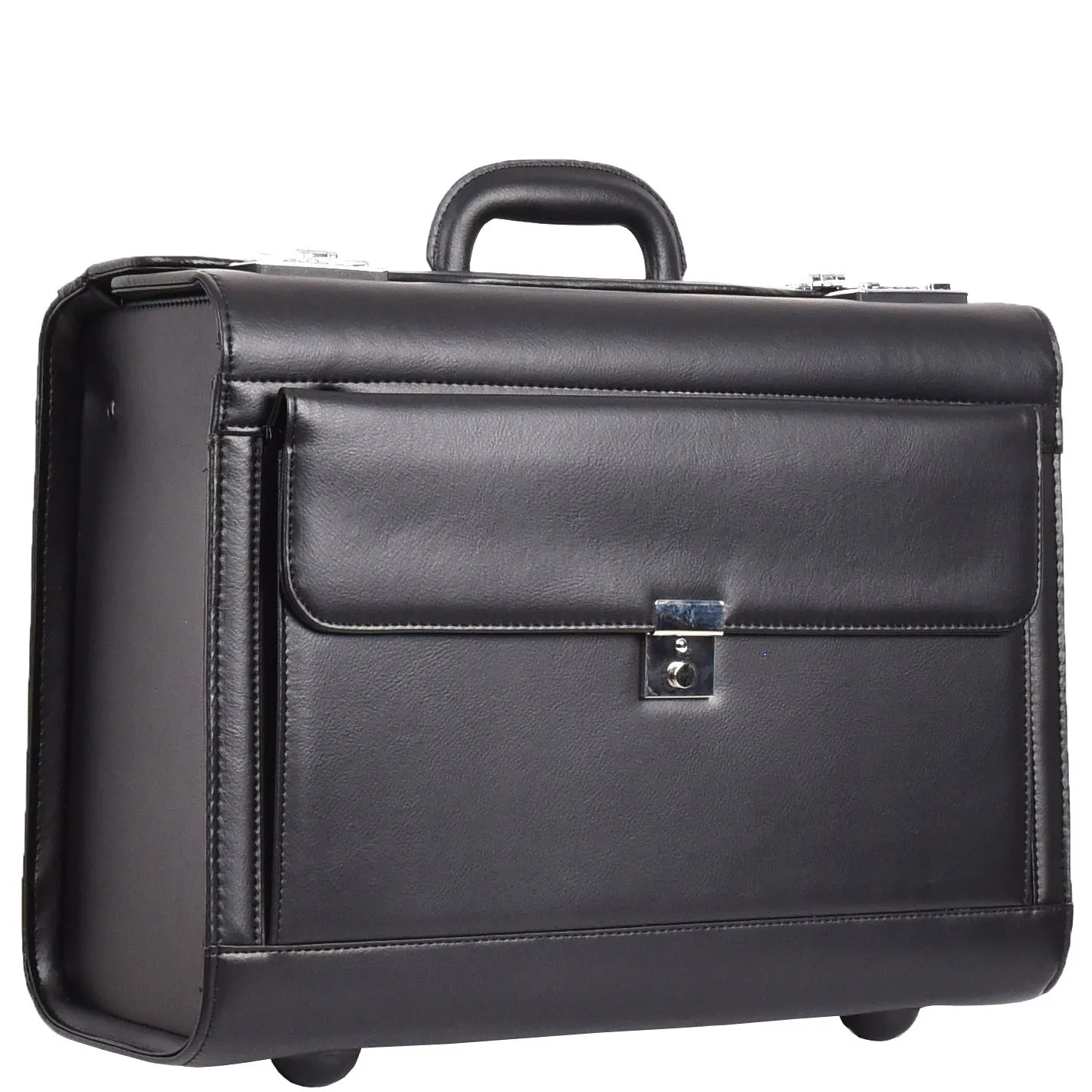 Wheeled Faux Leather Pilot Case Flight Carry on Cabin Bag HOL691 Black