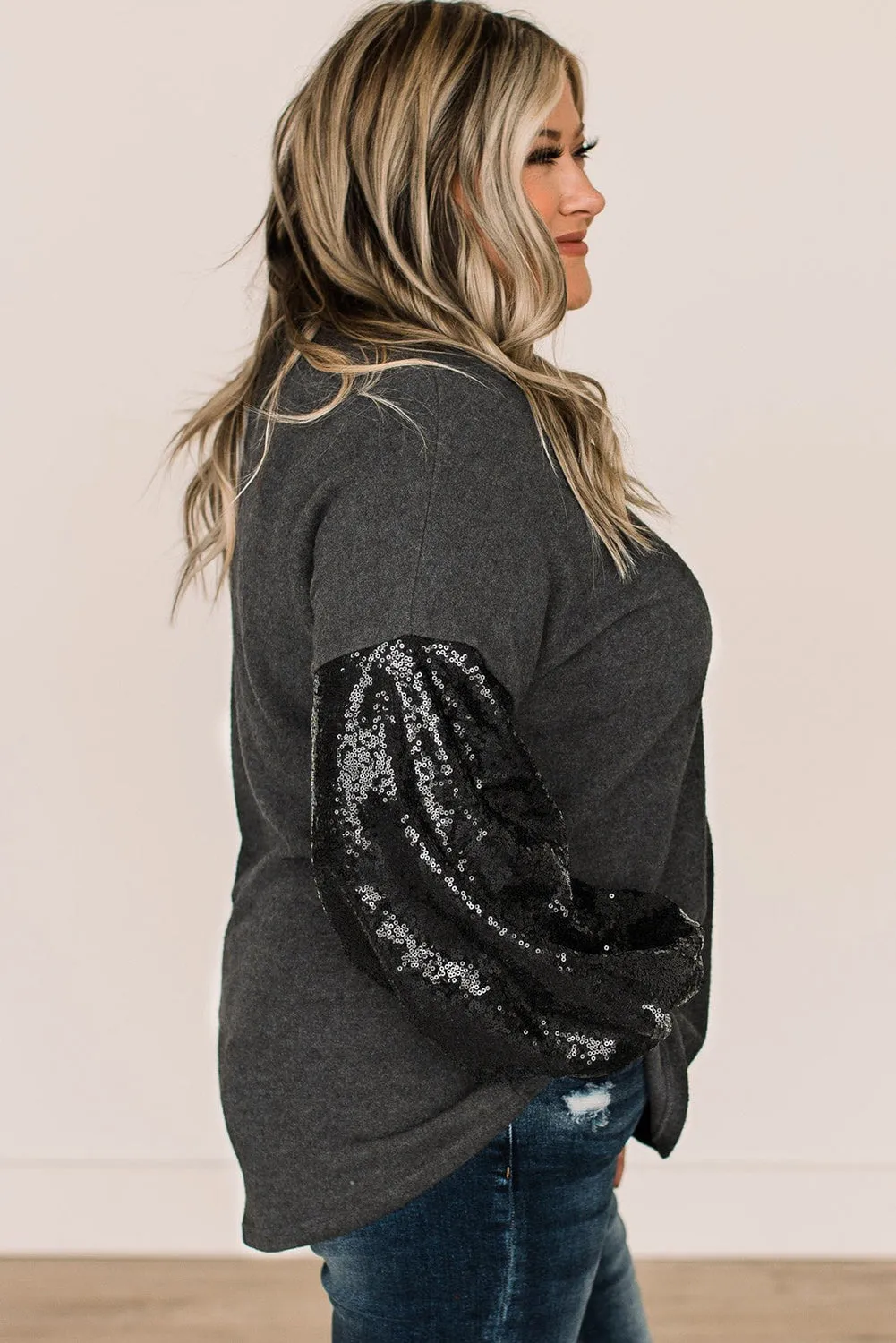 Wholesale Black Plus Size Sequin Bubble Sleeve V Neck Knit Top