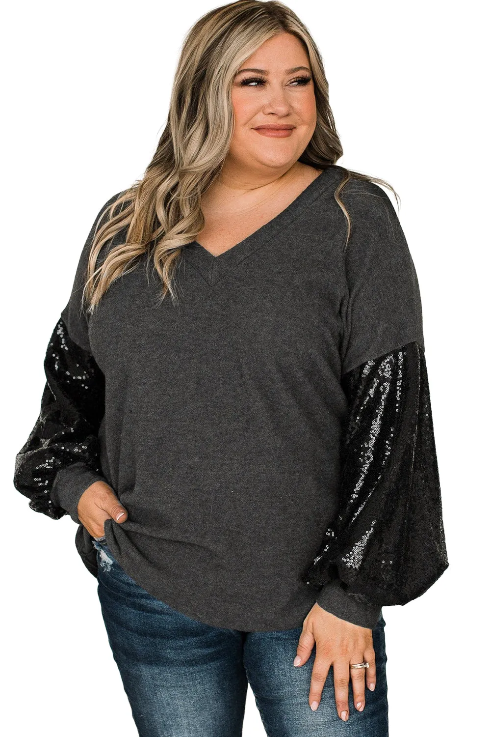 Wholesale Black Plus Size Sequin Bubble Sleeve V Neck Knit Top