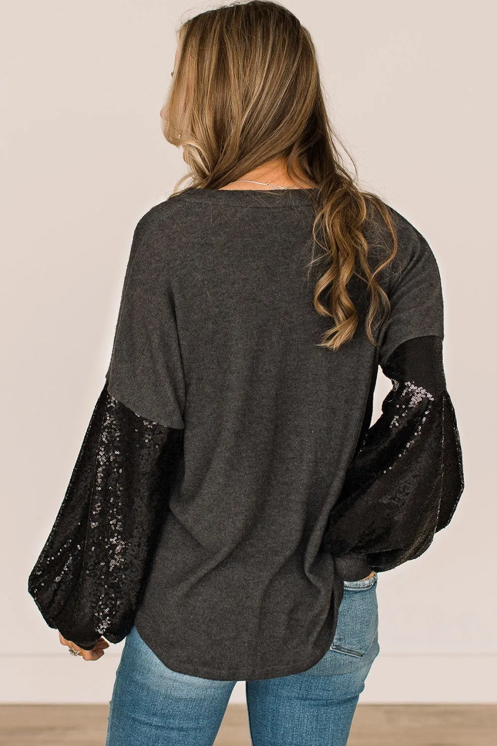 Wholesale Black Plus Size Sequin Bubble Sleeve V Neck Knit Top