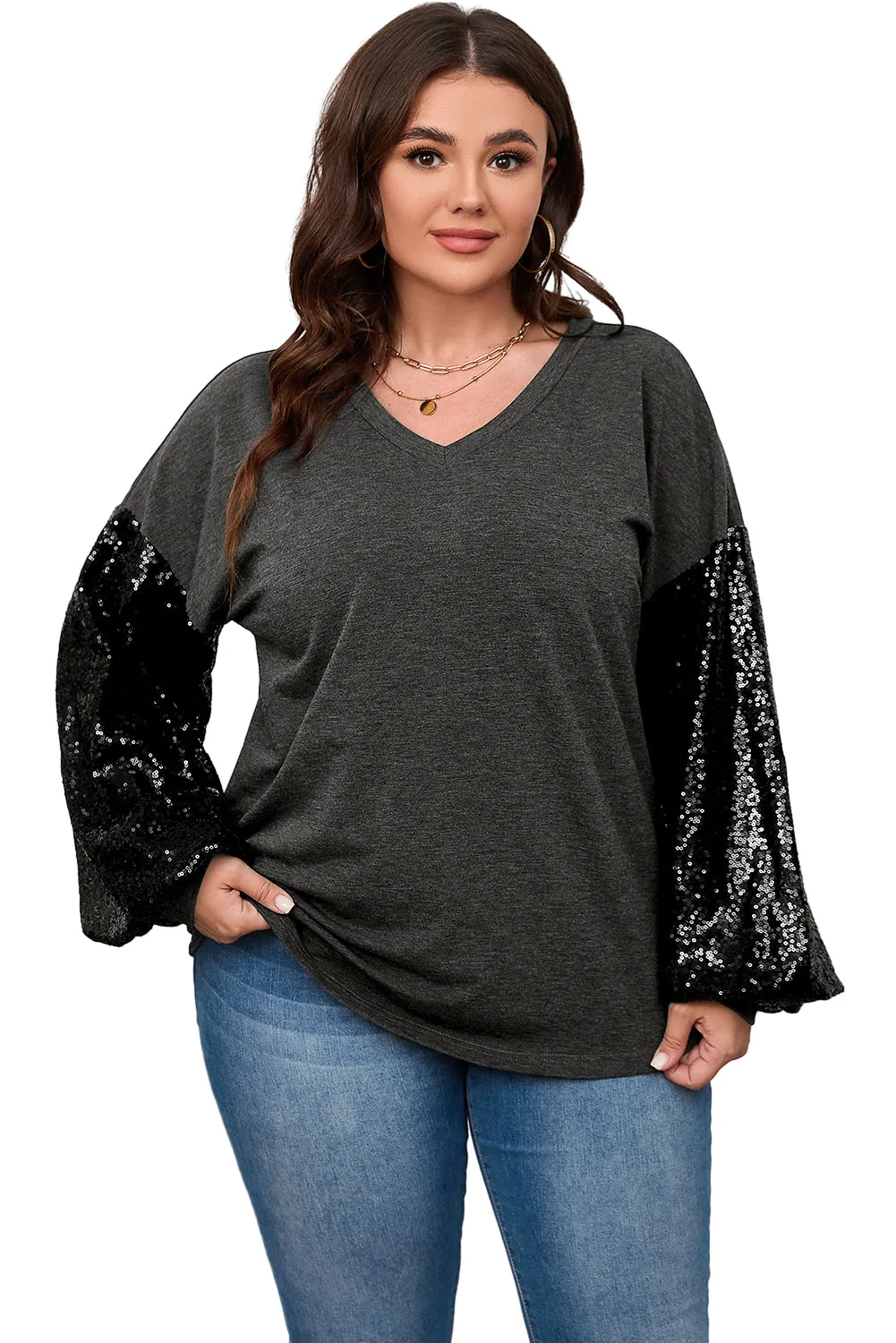 Wholesale Black Plus Size Sequin Bubble Sleeve V Neck Knit Top