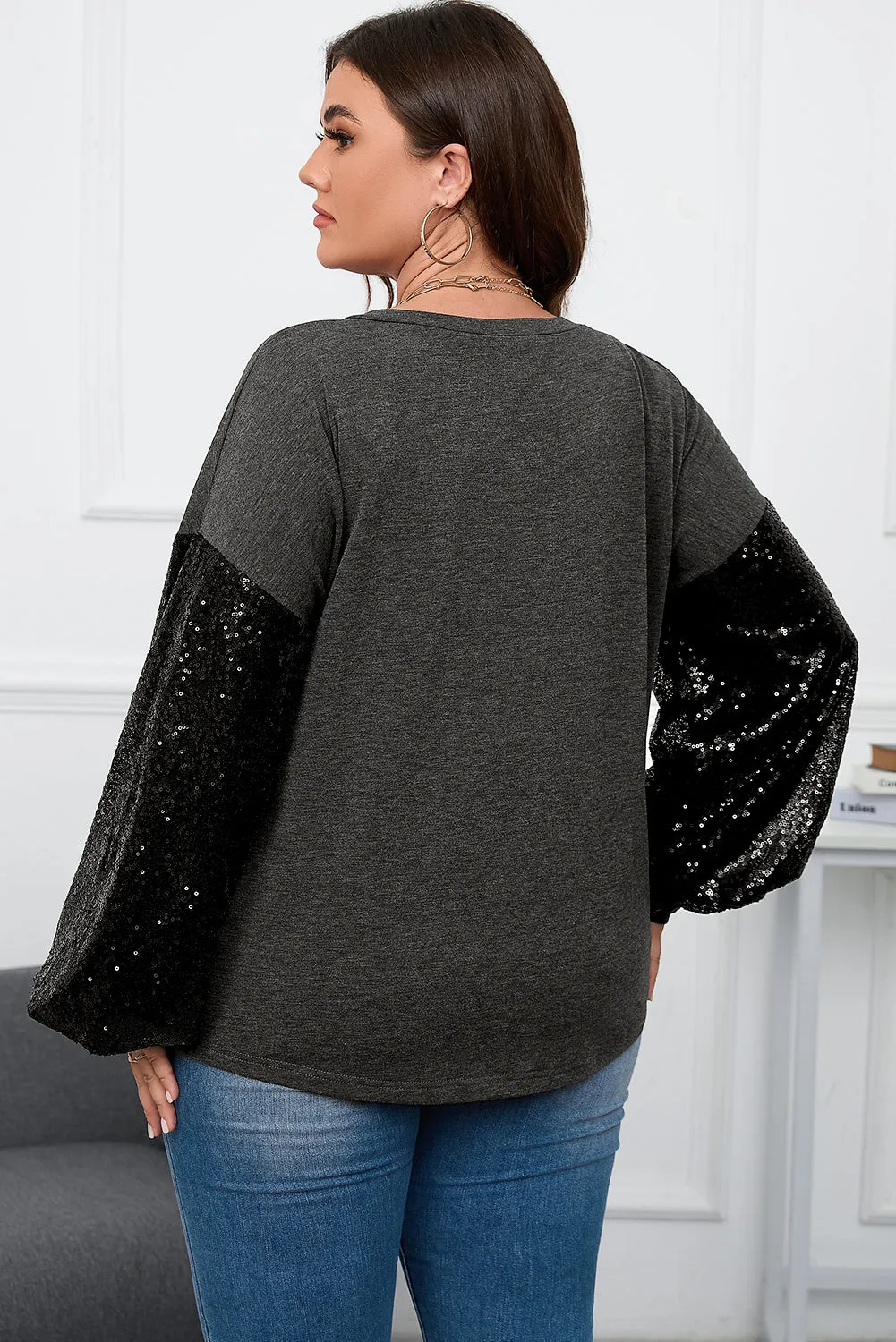 Wholesale Black Plus Size Sequin Bubble Sleeve V Neck Knit Top