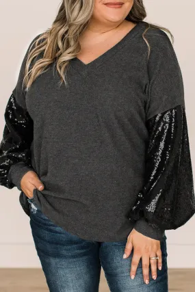 Wholesale Black Plus Size Sequin Bubble Sleeve V Neck Knit Top