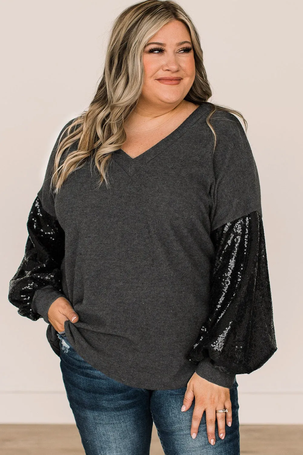 Wholesale Black Plus Size Sequin Bubble Sleeve V Neck Knit Top