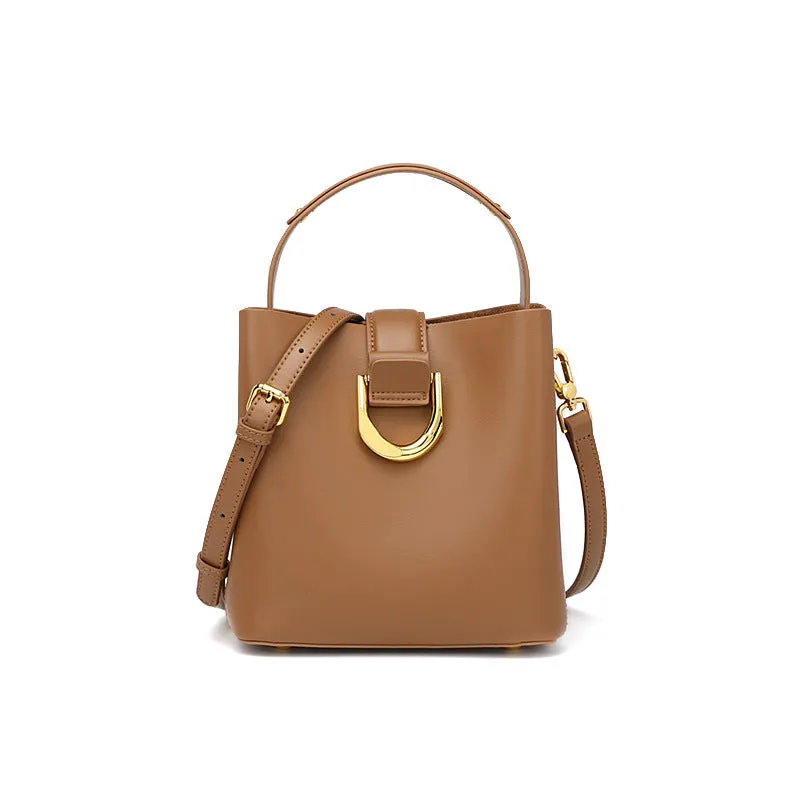 Women Fashion Cowhide Leather Bucket Crossbody Bag