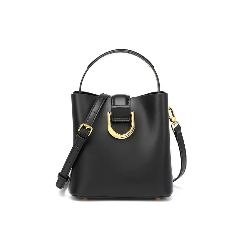 Women Fashion Cowhide Leather Bucket Crossbody Bag