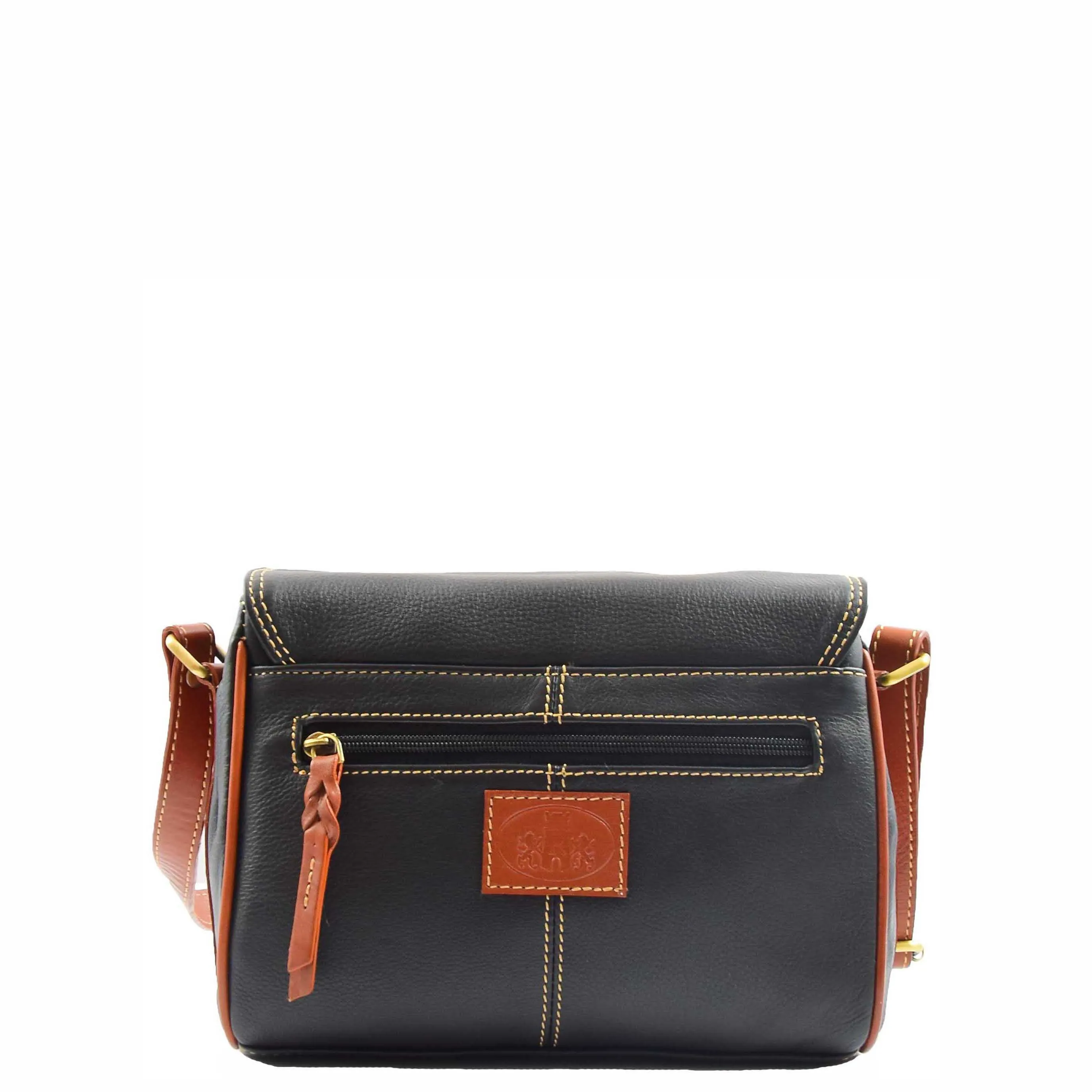 Women Genuine Leather Crossbody Bag Satchel Saddle HANNAH Black/Tan