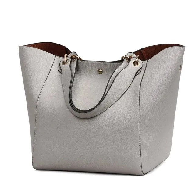 Women's Classic Large Vegan Leather Bucket Tote Handbag