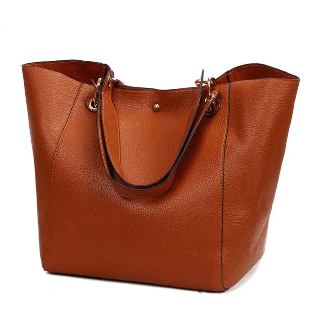 Women's Classic Large Vegan Leather Bucket Tote Handbag