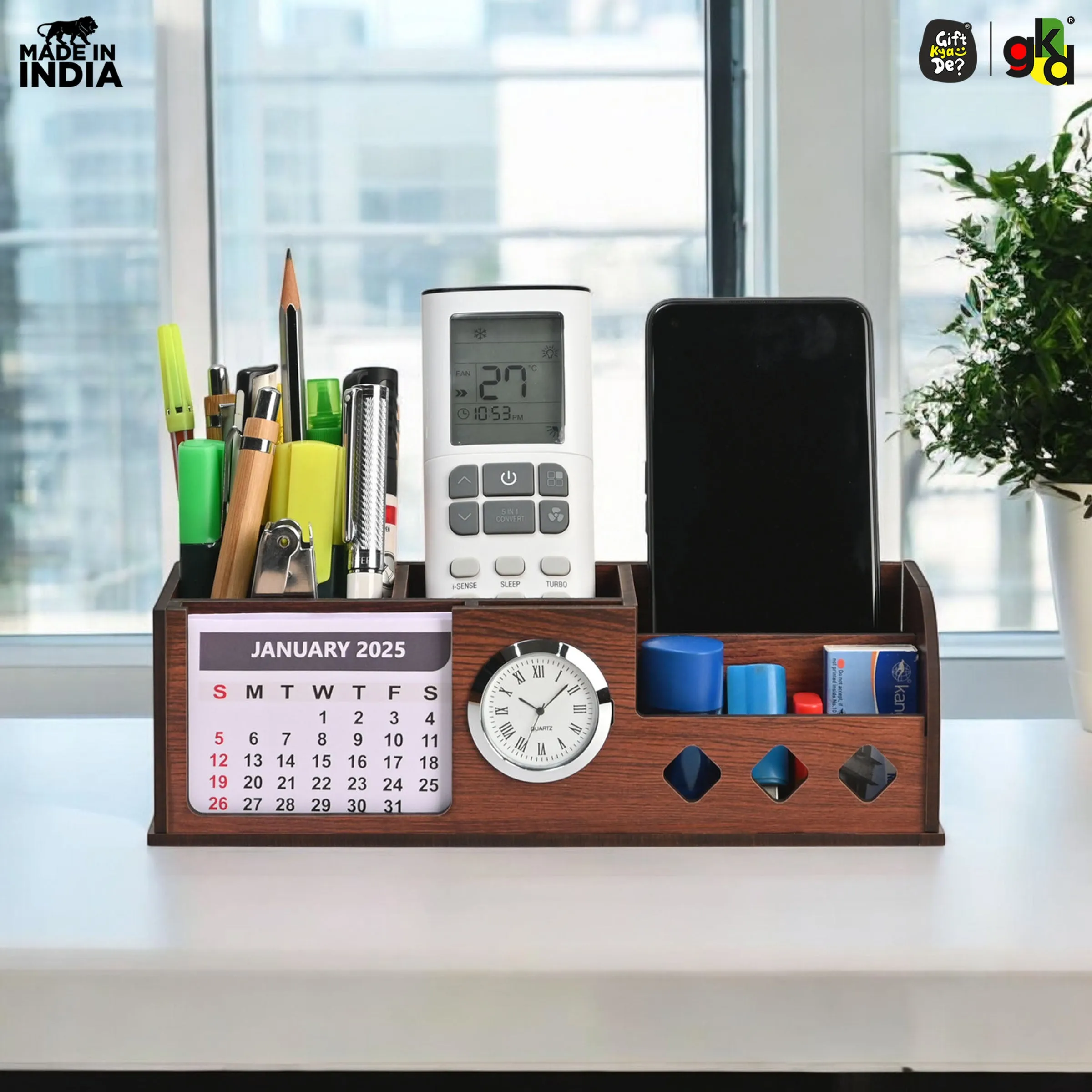 Wooden Desk Organizer with Calendar, Clock and 4 Compartments for Stationery, Mobile and Remote | Tabletop Organizer for Office and Home Use