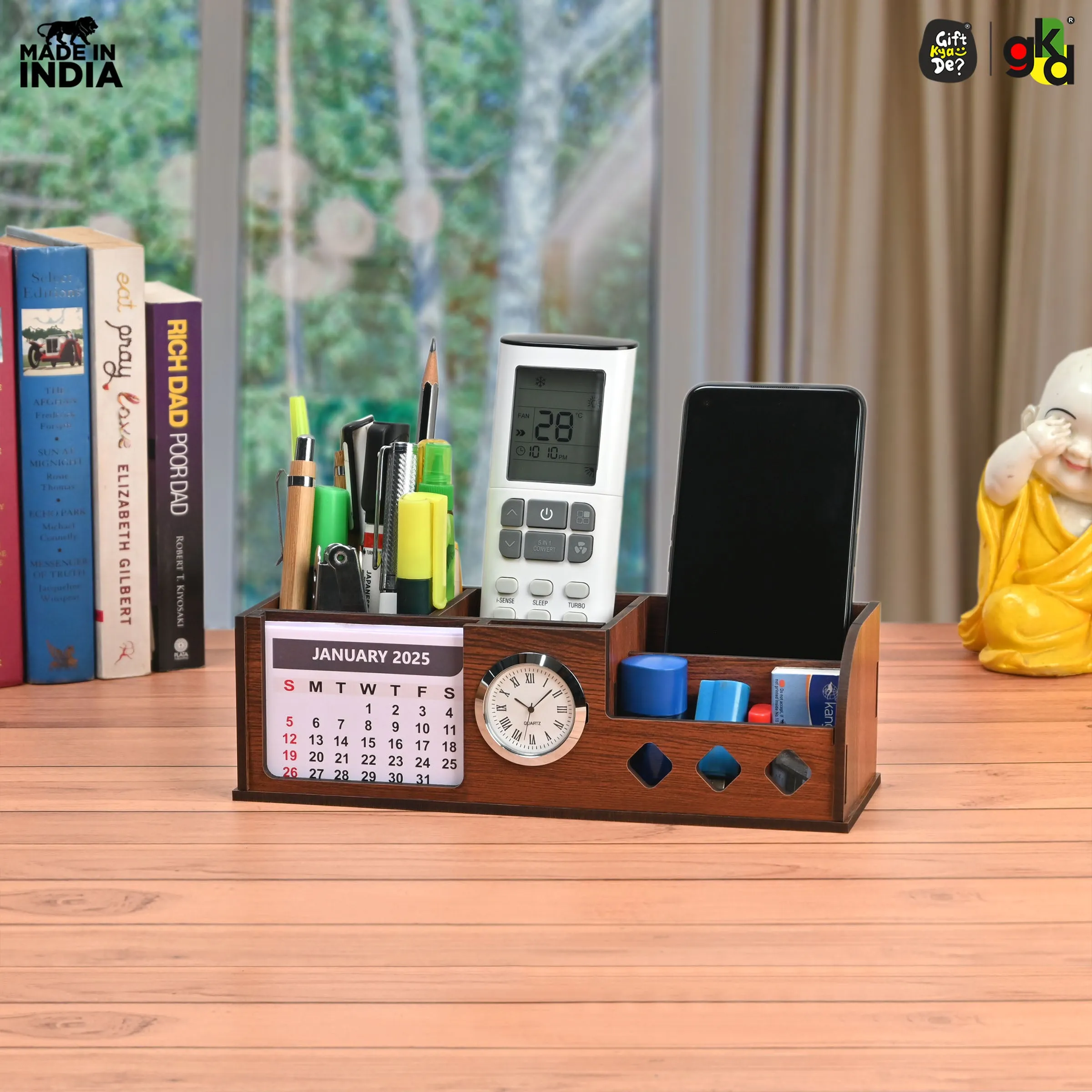 Wooden Desk Organizer with Calendar, Clock and 4 Compartments for Stationery, Mobile and Remote | Tabletop Organizer for Office and Home Use