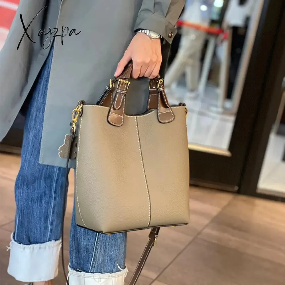 Xajzpa - Luxury women's bag new bag women's togo leather bucket bag first layer cowhide bag portable shoulder messenger bag