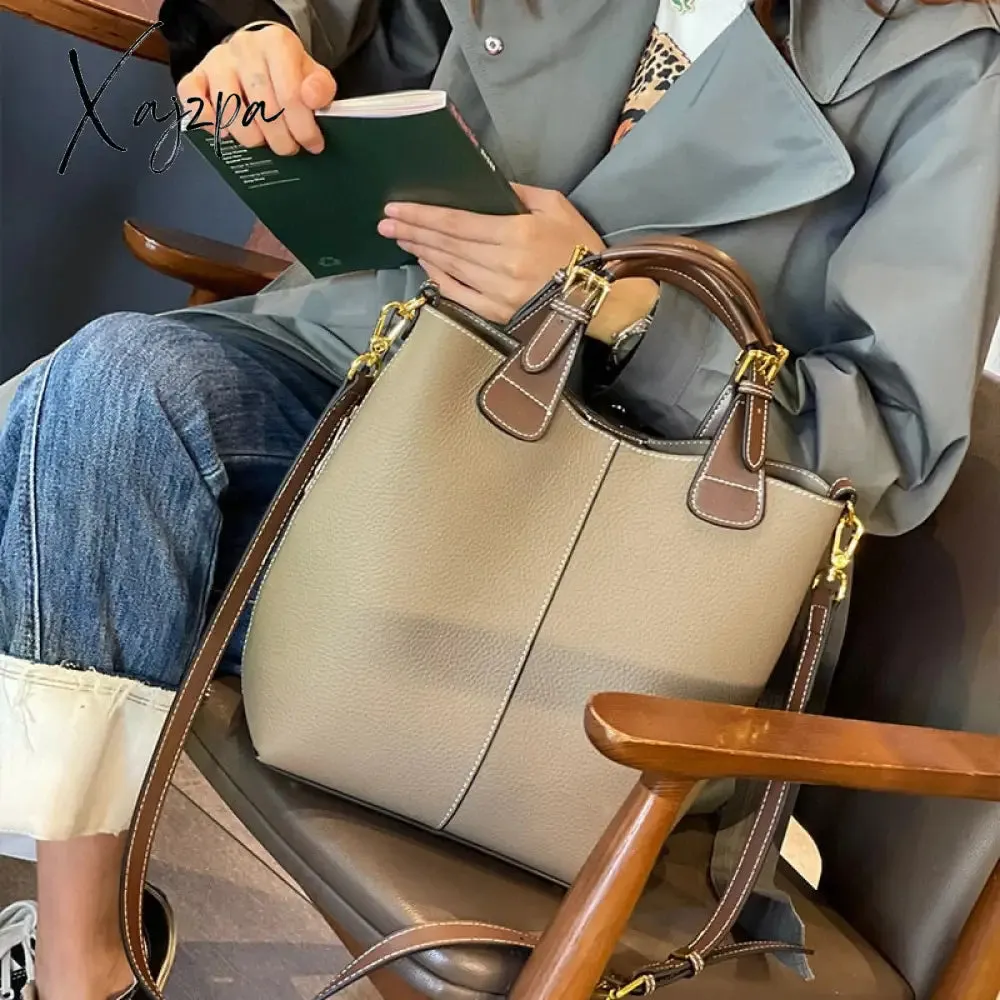 Xajzpa - Luxury women's bag new bag women's togo leather bucket bag first layer cowhide bag portable shoulder messenger bag