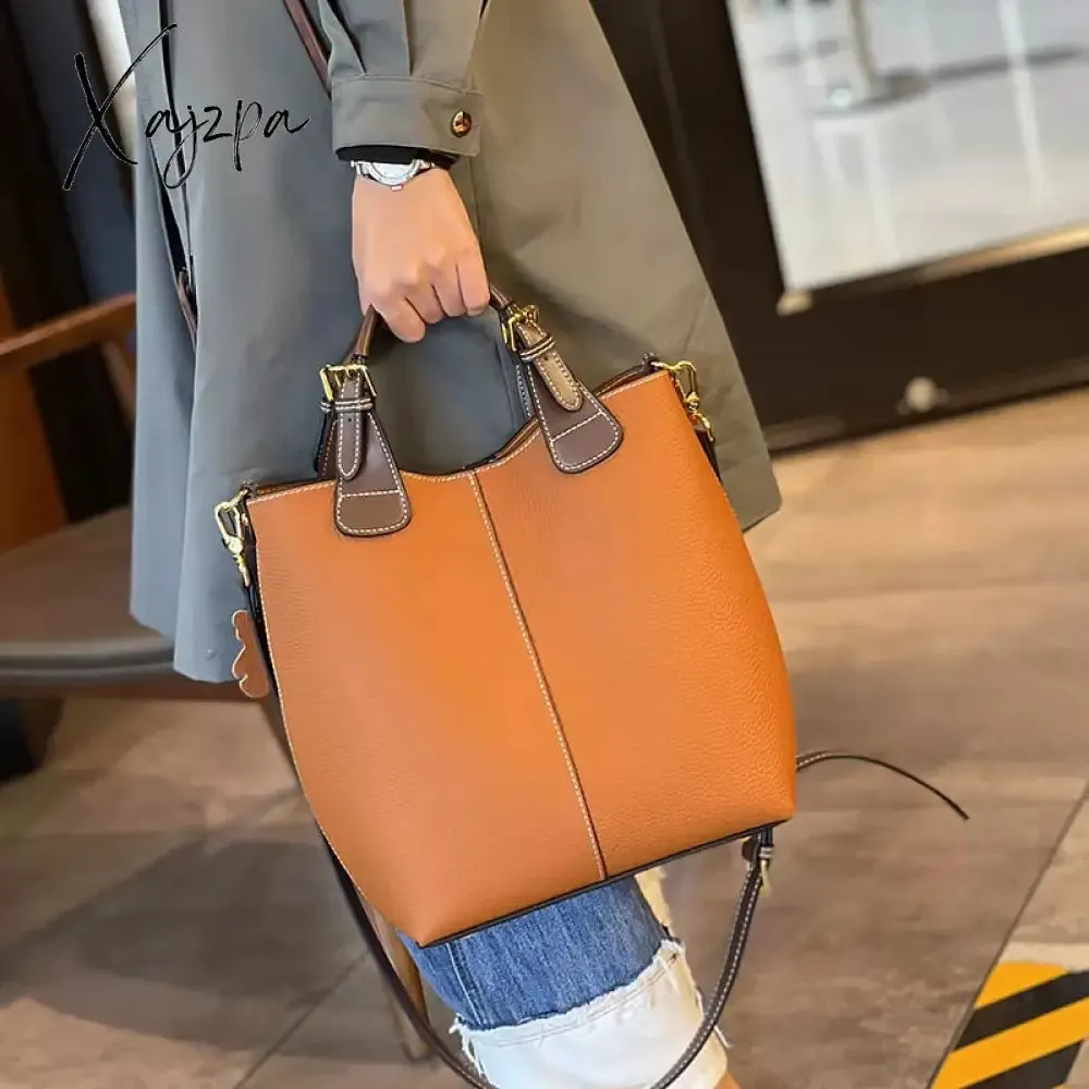 Xajzpa - Luxury women's bag new bag women's togo leather bucket bag first layer cowhide bag portable shoulder messenger bag