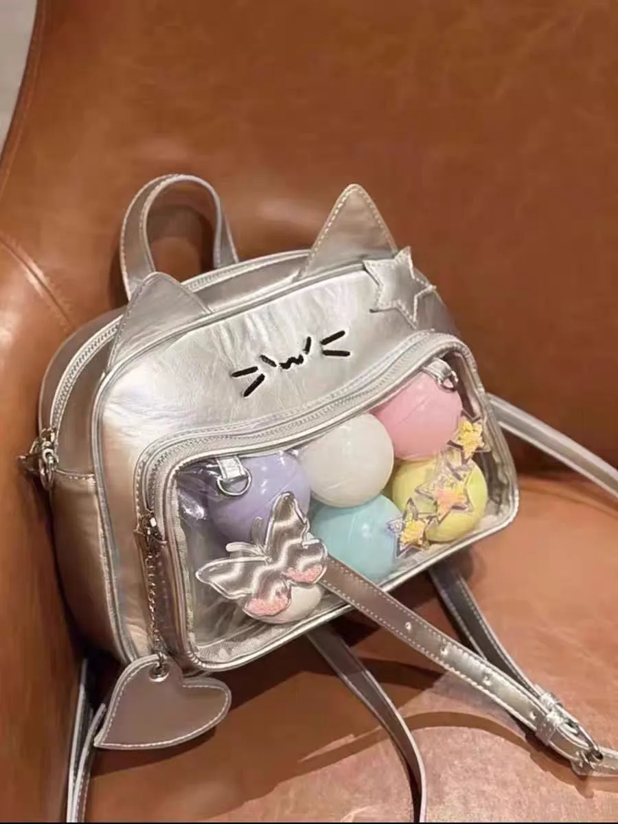 Y2K Kitten Cat Ears Star Silver Leather Messenger Bag Backpack